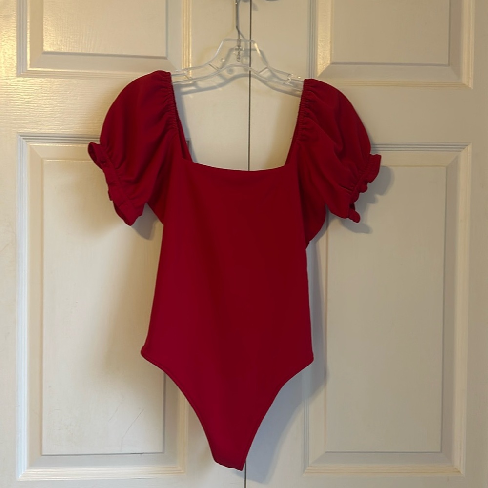 MUMU Red Bodysuit Puff Sleeve